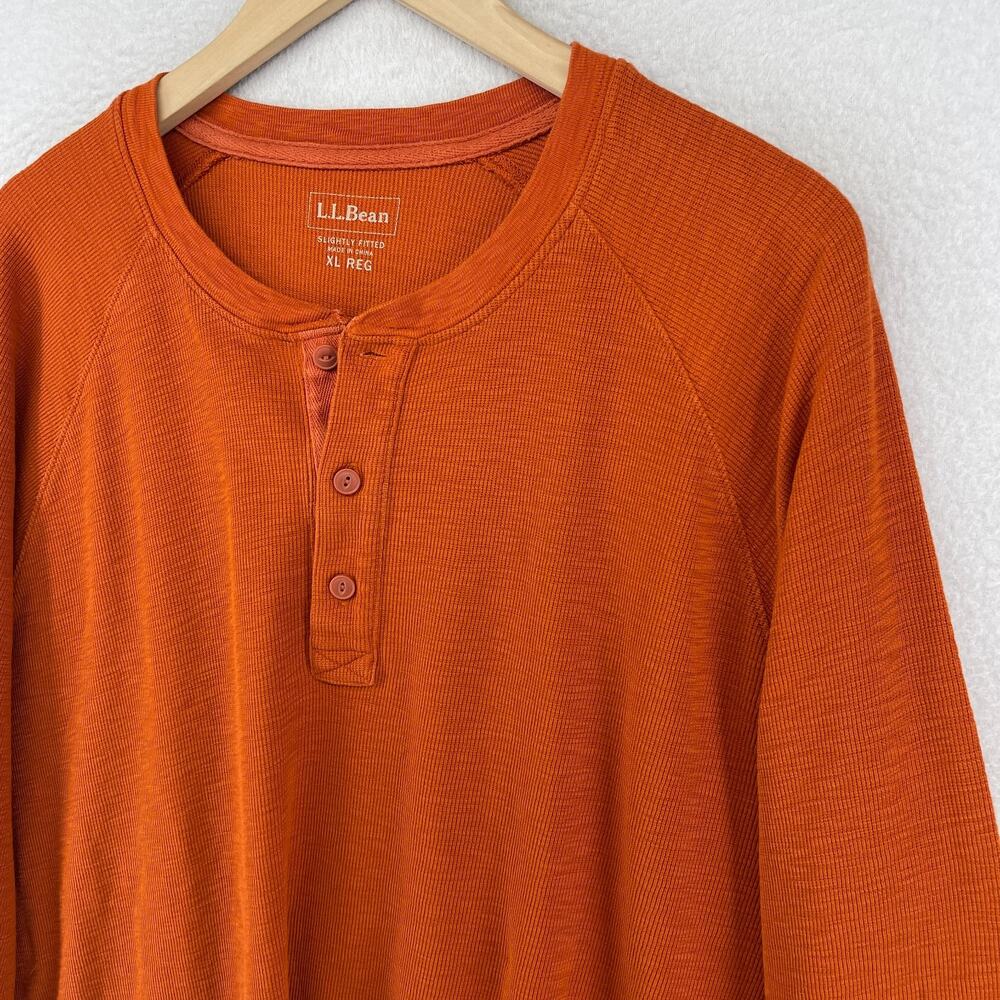 LL BEAN Shirt Mens XL Henley Slightly Fitted Thermal Waffle Cotton Orange